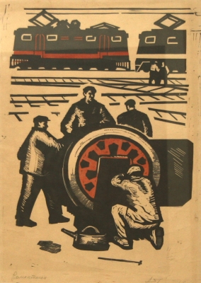 Чермошенцев_А.А.1937-2015гг_Ремонтники_1965г.цв.линогравюра_51х34_ТКГ-99_Г-25