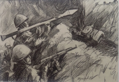 Бутяев П.И.1936г.р. Афган.Бой в ущелье, 1987 г. картон, карандаш 21х15