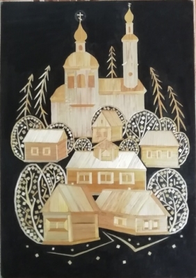 Каргаполова Н.И.1959 г.р. Спасская церковь,2019 г. картон, аппликация соломка 30х21.5 