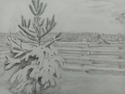 Т. Коробкина Зима в деревне, 2021 г. бумага, карандаш
