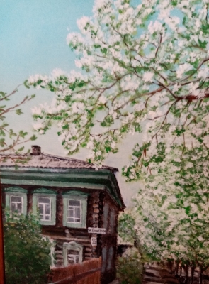 Позднякова Т.  Деревянная Тара. Цветущие яблони, 2022 г. с фотографии С. Мальгавко, холст. масло