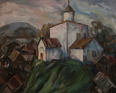 Вильде В.Г. 1953г.р. Пейзаж с церковью, 1989 г. холст, масло 